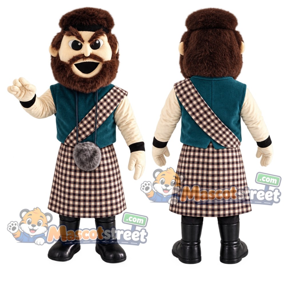 Highland Warrior Mascot Costume with Brown Kilt and Green Sash Highland Warrior Mascot Costume with Brown Kilt and Green Sash