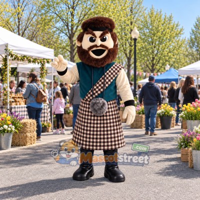 Highland Warrior Mascot Costume with Brown Kilt and Green Sash Highland Warrior Mascot Costume with Brown Kilt and Green Sash