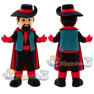 Mustached Swordsman Mascot Costume with Black Hat and Teal Vest Mustached Swordsman Mascot Costume with Black Hat and Teal Vest
