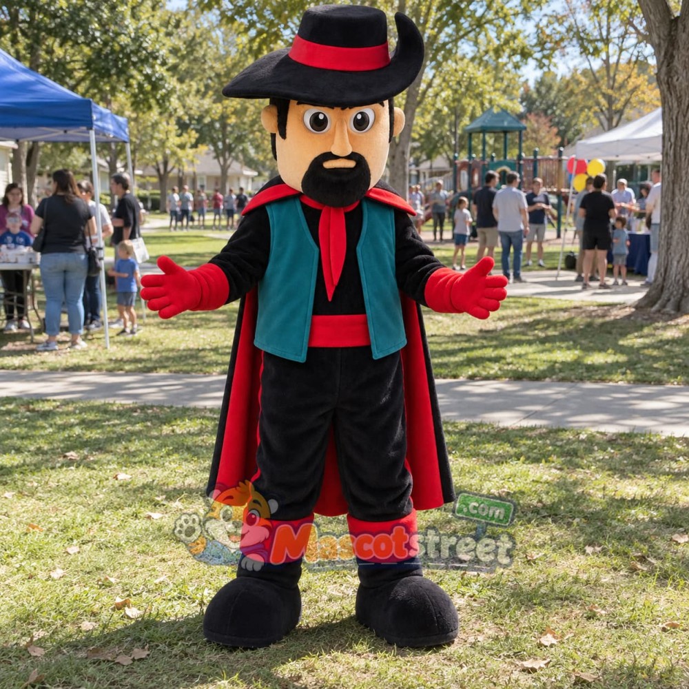 Mustached Swordsman Mascot Costume with Black Hat and Teal Vest Mustached Swordsman Mascot Costume with Black Hat and Teal Vest