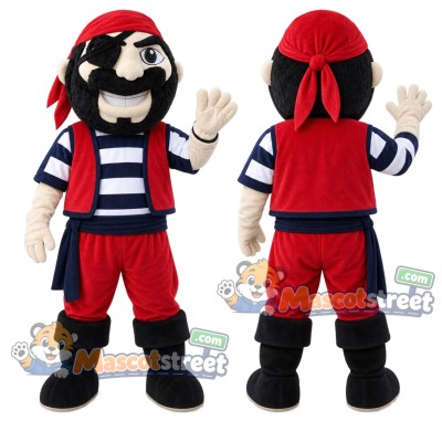 Black-Bearded Pirate Mascot Costume with Striped Shirt and Red Bandana Black-Bearded Pirate Mascot Costume with Striped Shirt and Red Bandana