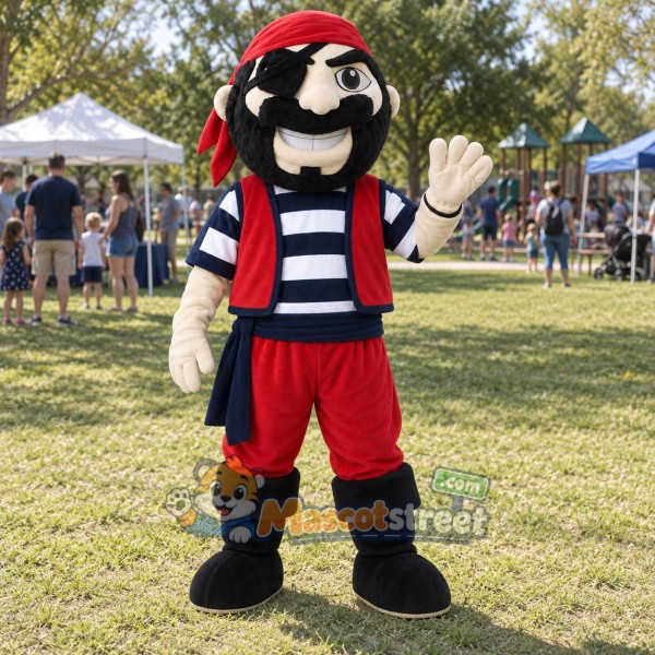 Black-Bearded Pirate Mascot Costume with Striped Shirt and Red Bandana