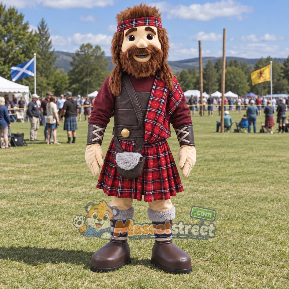 Highland Warrior Mascot Costume with Tartan Kilt and Vest