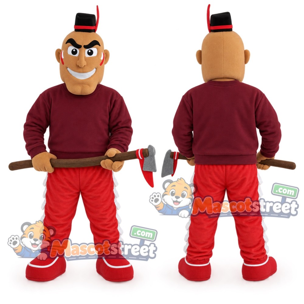 Mustached Man Mascot Costume with Burgundy Shirt and Black Hat