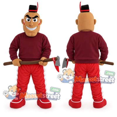 Mustached Man Mascot Costume with Burgundy Shirt and Black Hat