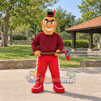 Mustached Man Mascot Costume with Burgundy Shirt and Black Hat