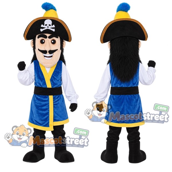 Pirate Captain Mascot Costume with Blue and Gold Coat with Black Hat