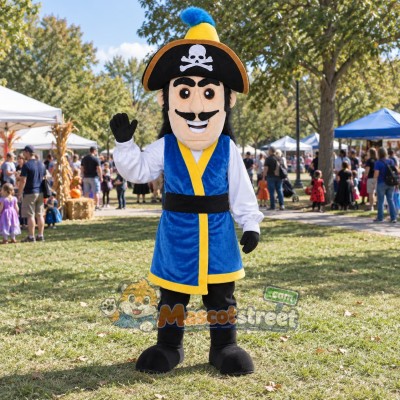 Pirate Captain Mascot Costume with Blue and Gold Coat with Black Hat Pirate Captain Mascot Costume with Blue and Gold Coat with Black Hat