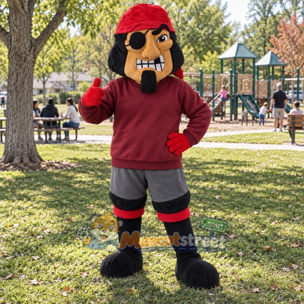 Pirate Captain Mascot Costume with Burgundy Sweatshirt and Red Bandana