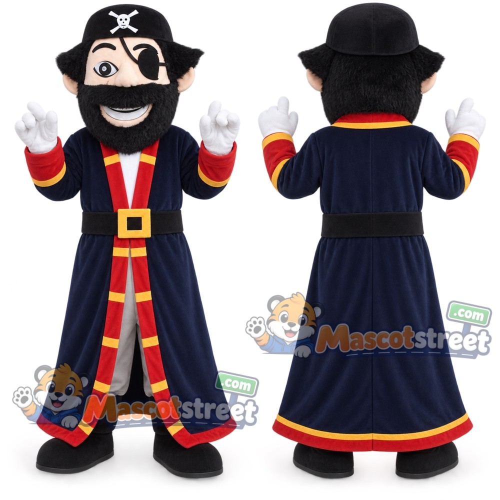 Pirate Captain Mascot Costume with Navy and Red Coat with Black Tricorn Hat Pirate Captain Mascot Costume with Navy and Red Coat with Black Tricorn Hat