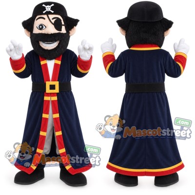 Pirate Captain Mascot Costume with Navy and Red Coat with Black Tricorn Hat Pirate Captain Mascot Costume with Navy and Red Coat with Black Tricorn Hat