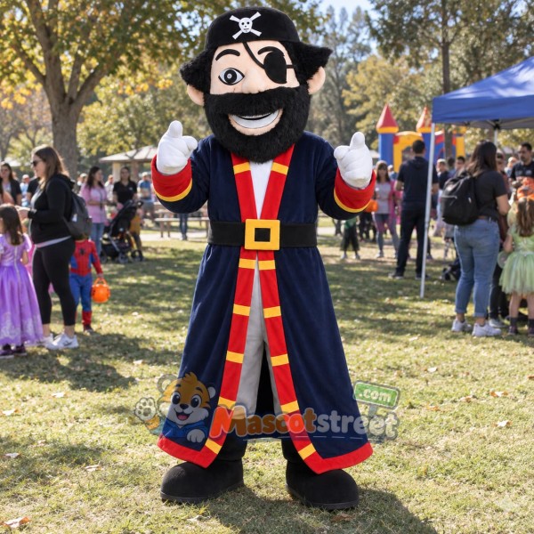 Pirate Captain Mascot Costume with Navy and Red Coat with Black Tricorn Hat