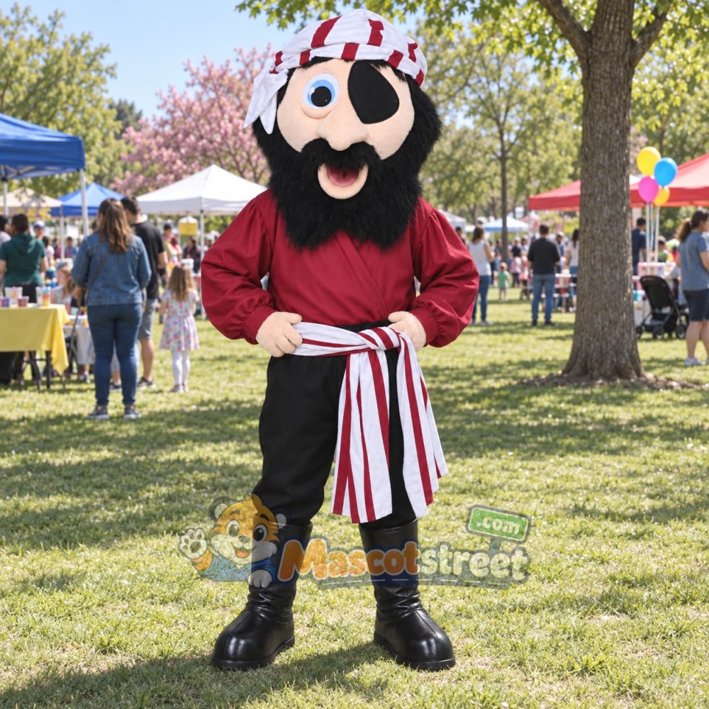 Pirate Mascot Costume with Burgundy Shirt and Striped Bandana Pirate Mascot Costume with Burgundy Shirt and Striped Bandana