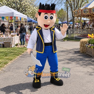 Pirate Boy Mascot Costume with Navy Vest and Red Headband