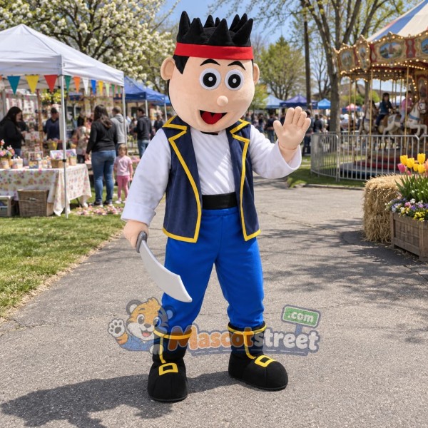 Pirate Boy Mascot Costume with Navy Vest and Red Headband
