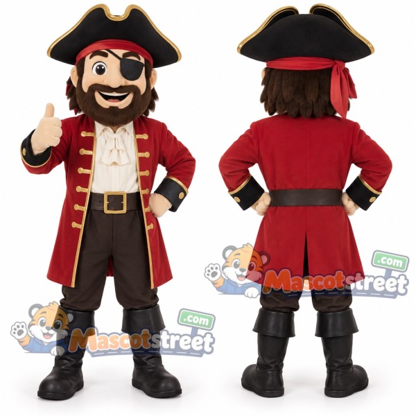 Pirate Captain Mascot Costume with Red Coat and Black Tricorn Hat