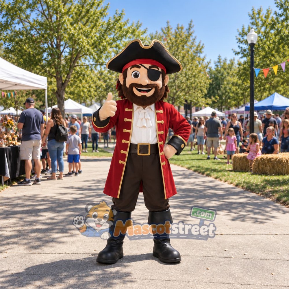 Pirate Captain Mascot Costume with Red Coat and Black Tricorn Hat Pirate Captain Mascot Costume with Red Coat and Black Tricorn Hat