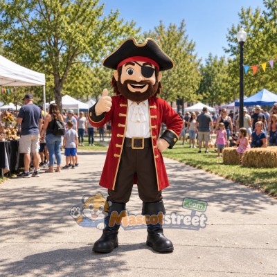 Pirate Captain Mascot Costume with Red Coat and Black Tricorn Hat Pirate Captain Mascot Costume with Red Coat and Black Tricorn Hat