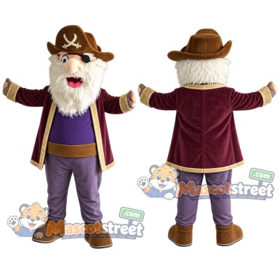 White-Bearded Pirate Mascot Costume with Purple Outfit and Brown Hat