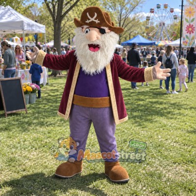 White-Bearded Pirate Mascot Costume with Purple Outfit and Brown Hat