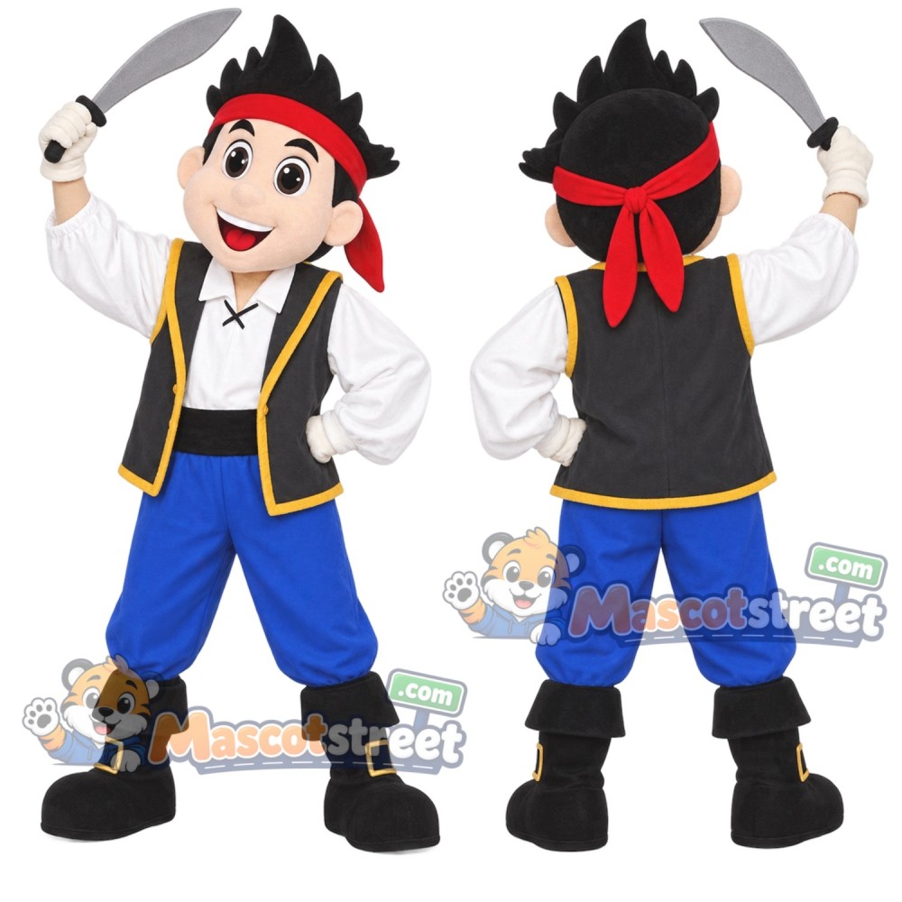 Pirate Boy Mascot Costume with Black Vest and Red Bandana