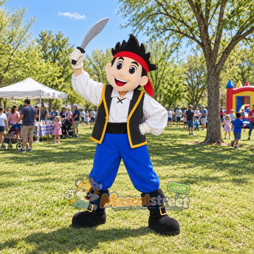 Pirate Boy Mascot Costume with Black Vest and Red Bandana