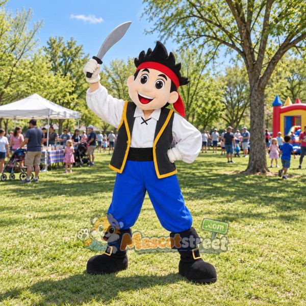 Pirate Boy Mascot Costume with Black Vest and Red Bandana