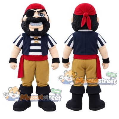 Black-Bearded Pirate Mascot Costume with Navy Striped Shirt and Red Bandana Black-Bearded Pirate Mascot Costume with Navy Striped Shirt and Red Bandana
