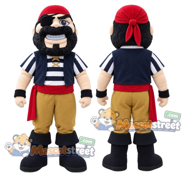 Black-Bearded Pirate Mascot Costume with Navy Striped Shirt and Red Bandana