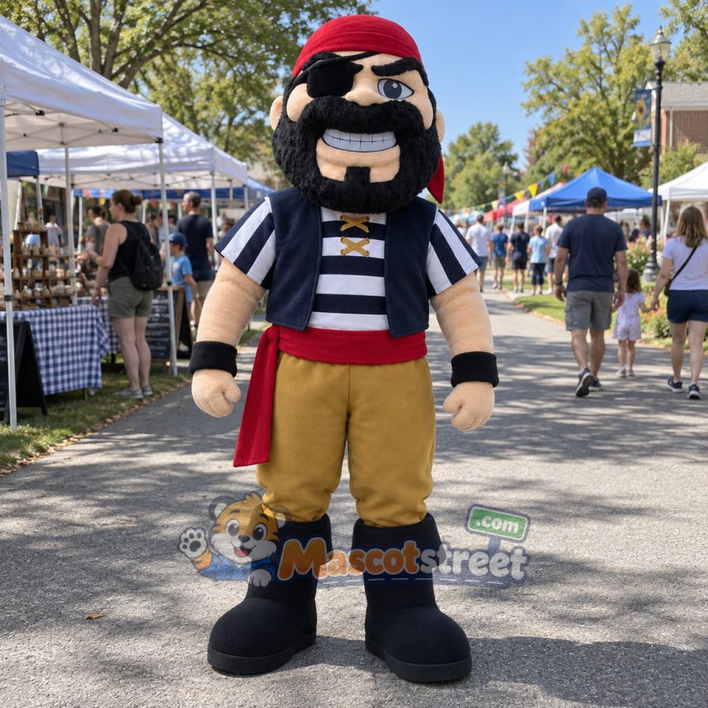 Black-Bearded Pirate Mascot Costume with Navy Striped Shirt and Red Bandana Black-Bearded Pirate Mascot Costume with Navy Striped Shirt and Red Bandana