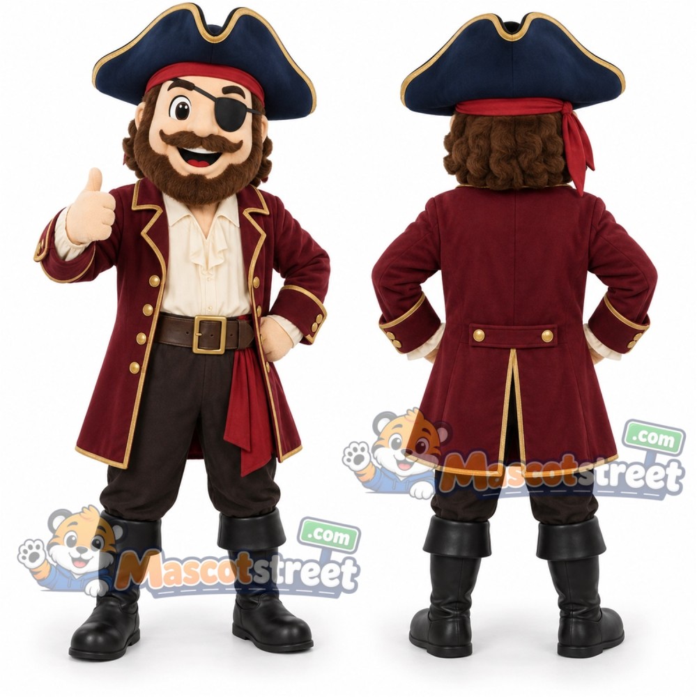 Pirate Captain Mascot Costume with Burgundy Coat and Black Tricorn Hat