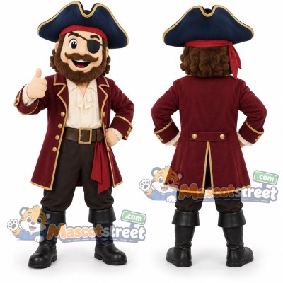 Pirate Captain Mascot Costume with Burgundy Coat and Black Tricorn Hat