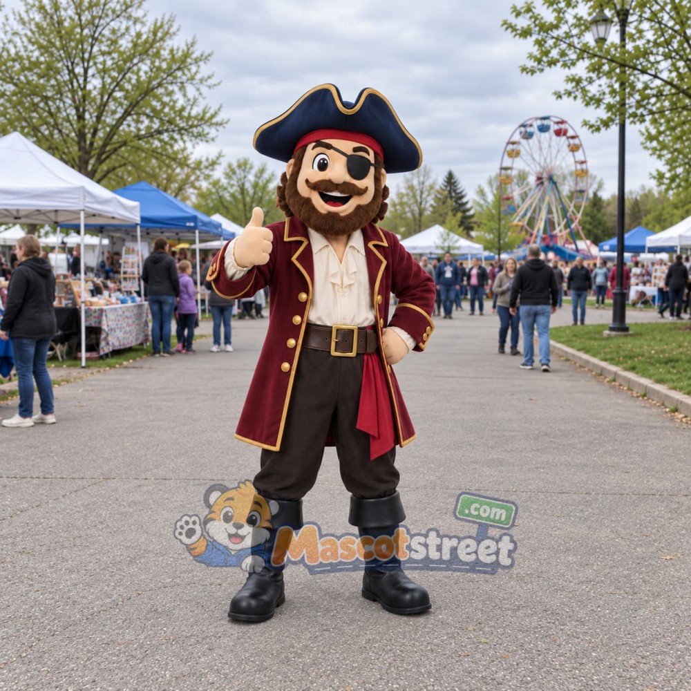Pirate Captain Mascot Costume with Burgundy Coat and Black Tricorn Hat