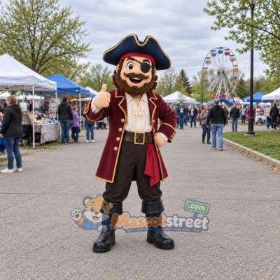 Pirate Captain Mascot Costume with Burgundy Coat and Black Tricorn Hat