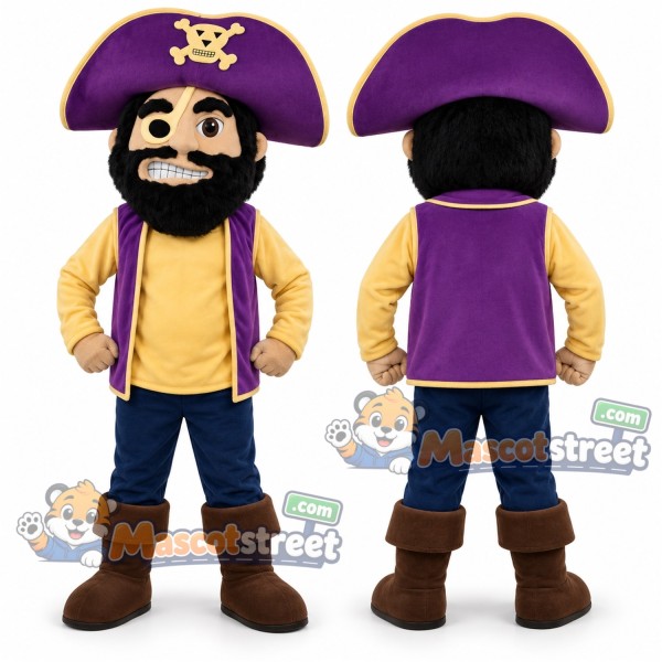 Pirate Mascot Costume with Purple Vest and Yellow Shirt