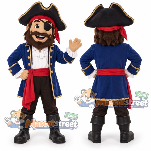 Pirate Captain Mascot Costume with Navy Coat and Black Tricorn Hat