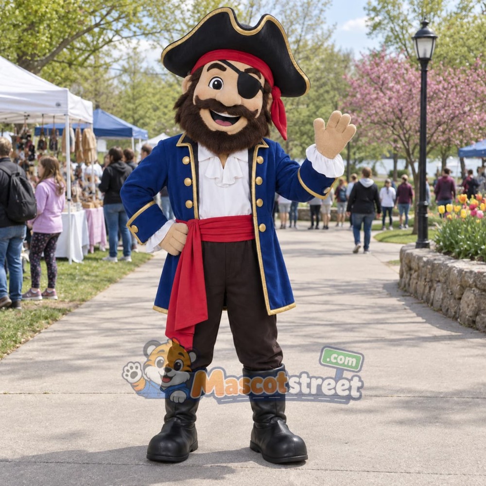 Pirate Captain Mascot Costume with Navy Coat and Black Tricorn Hat Pirate Captain Mascot Costume with Navy Coat and Black Tricorn Hat