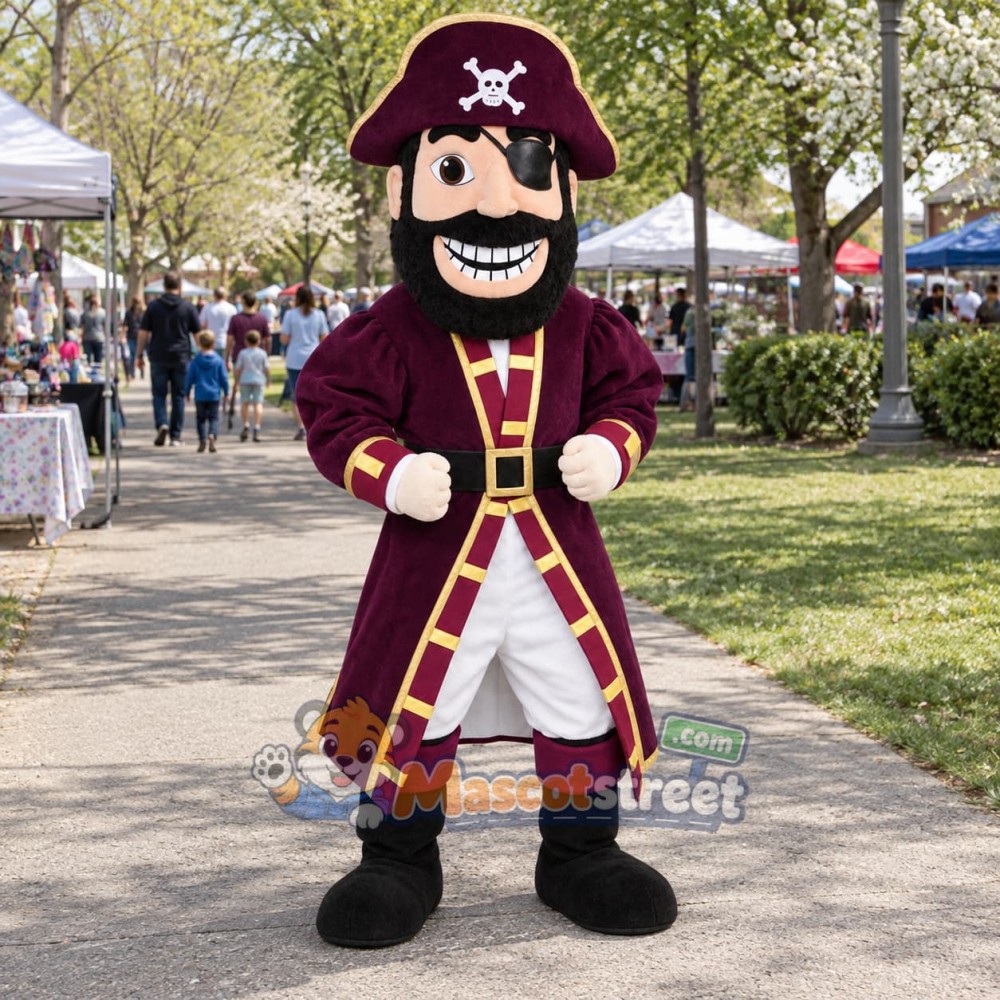 Pirate Captain Mascot Costume with Burgundy Coat and Hat Pirate Captain Mascot Costume with Burgundy Coat and Hat