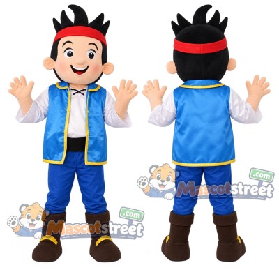 Pirate Boy Mascot Costume with Blue Vest and Red Headband