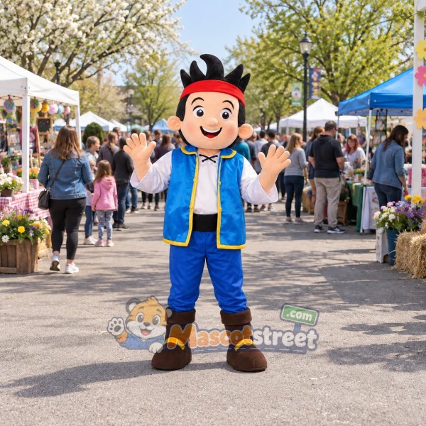 Pirate Boy Mascot Costume with Blue Vest and Red Headband