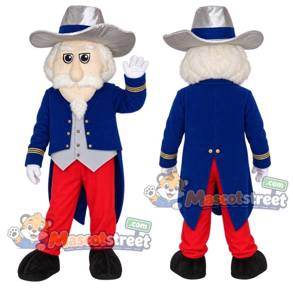 White-Bearded Colonel Mascot Costume with Navy Coat and Gray Hat