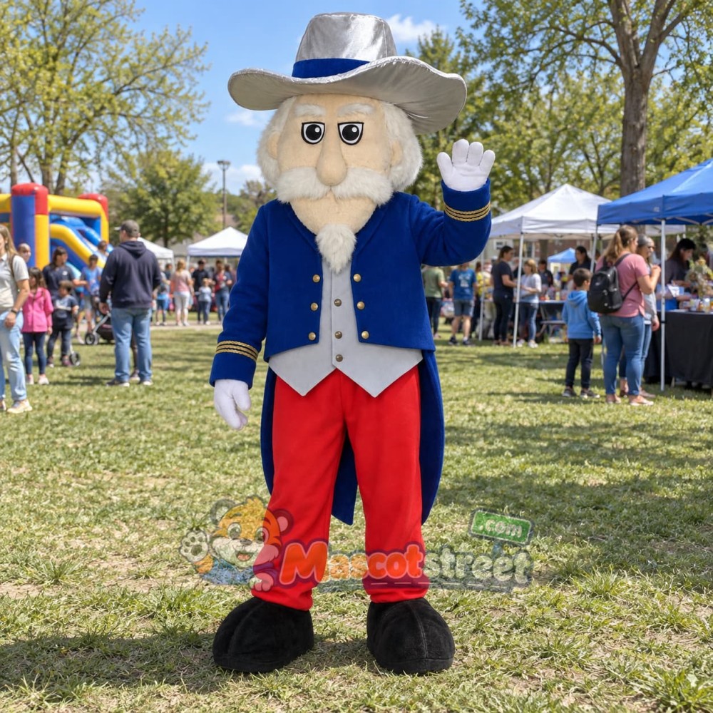 White-Bearded Colonel Mascot Costume with Navy Coat and Gray Hat White-Bearded Colonel Mascot Costume with Navy Coat and Gray Hat