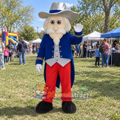 White-Bearded Colonel Mascot Costume with Navy Coat and Gray Hat White-Bearded Colonel Mascot Costume with Navy Coat and Gray Hat