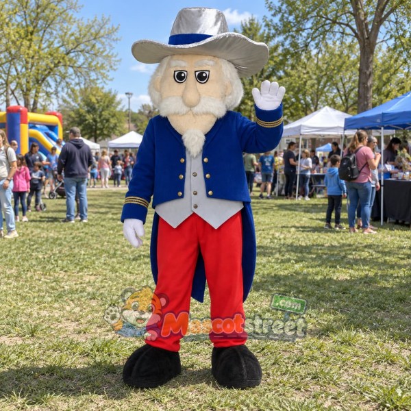 White-Bearded Colonel Mascot Costume with Navy Coat and Gray Hat