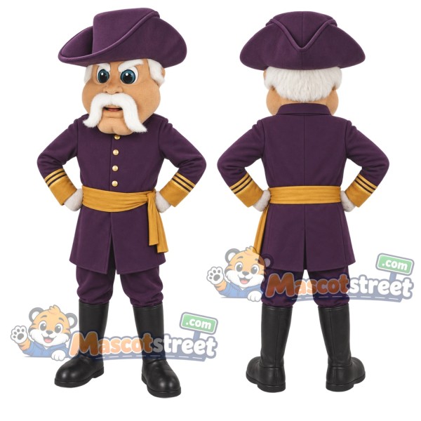 Mustached Colonel Mascot Costume with Purple Uniform and Hat