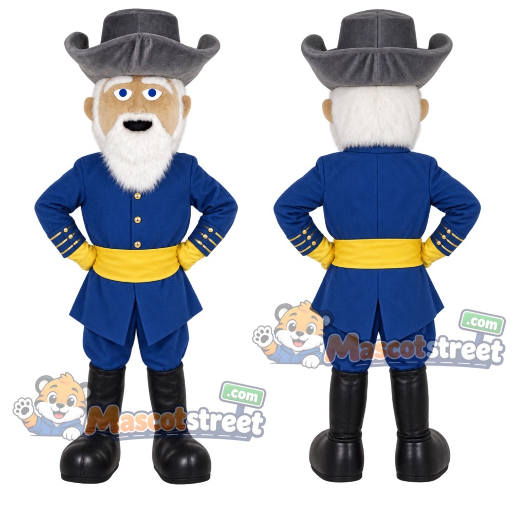 White-Bearded Colonel Mascot Costume with Navy Uniform and Black Hat White-Bearded Colonel Mascot Costume with Navy Uniform and Black Hat