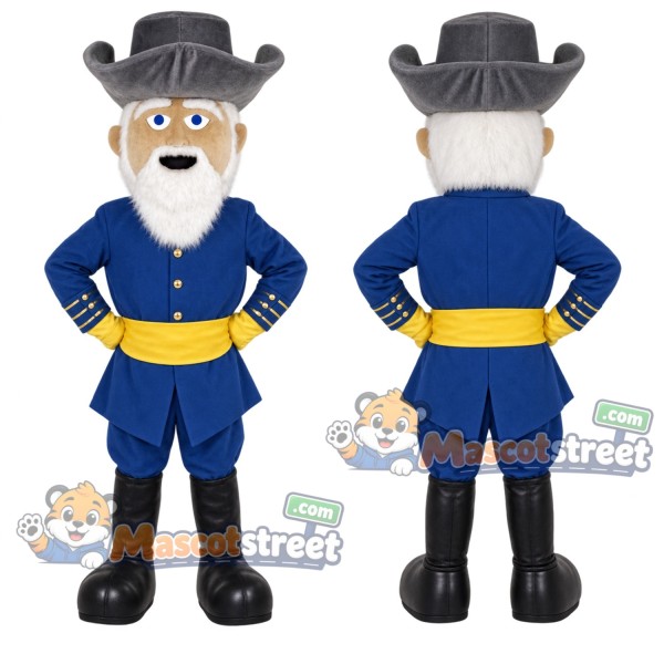 White-Bearded Colonel Mascot Costume with Navy Uniform and Black Hat