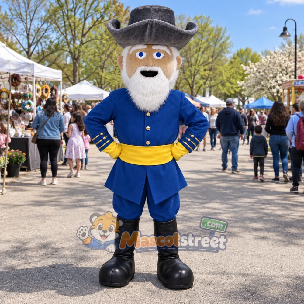 White-Bearded Colonel Mascot Costume with Navy Uniform and Black Hat White-Bearded Colonel Mascot Costume with Navy Uniform and Black Hat