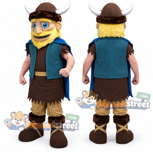 Blond Viking Mascot Costume with Teal Vest and Brown Hat