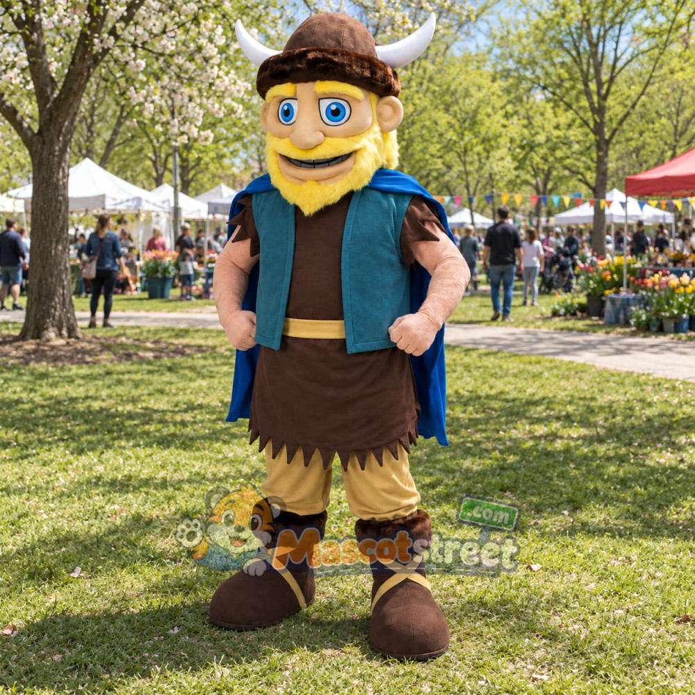 Blond Viking Mascot Costume with Teal Vest and Brown Hat Blond Viking Mascot Costume with Teal Vest and Brown Hat